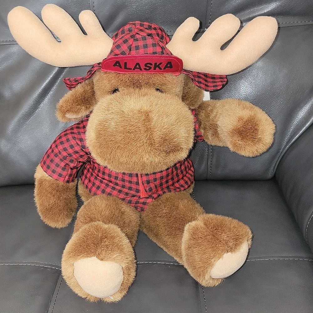 Vaughn Brown Plush Moose Dipper Doodle Stuffed Animal • Plaid Shirt & Alaska Cap